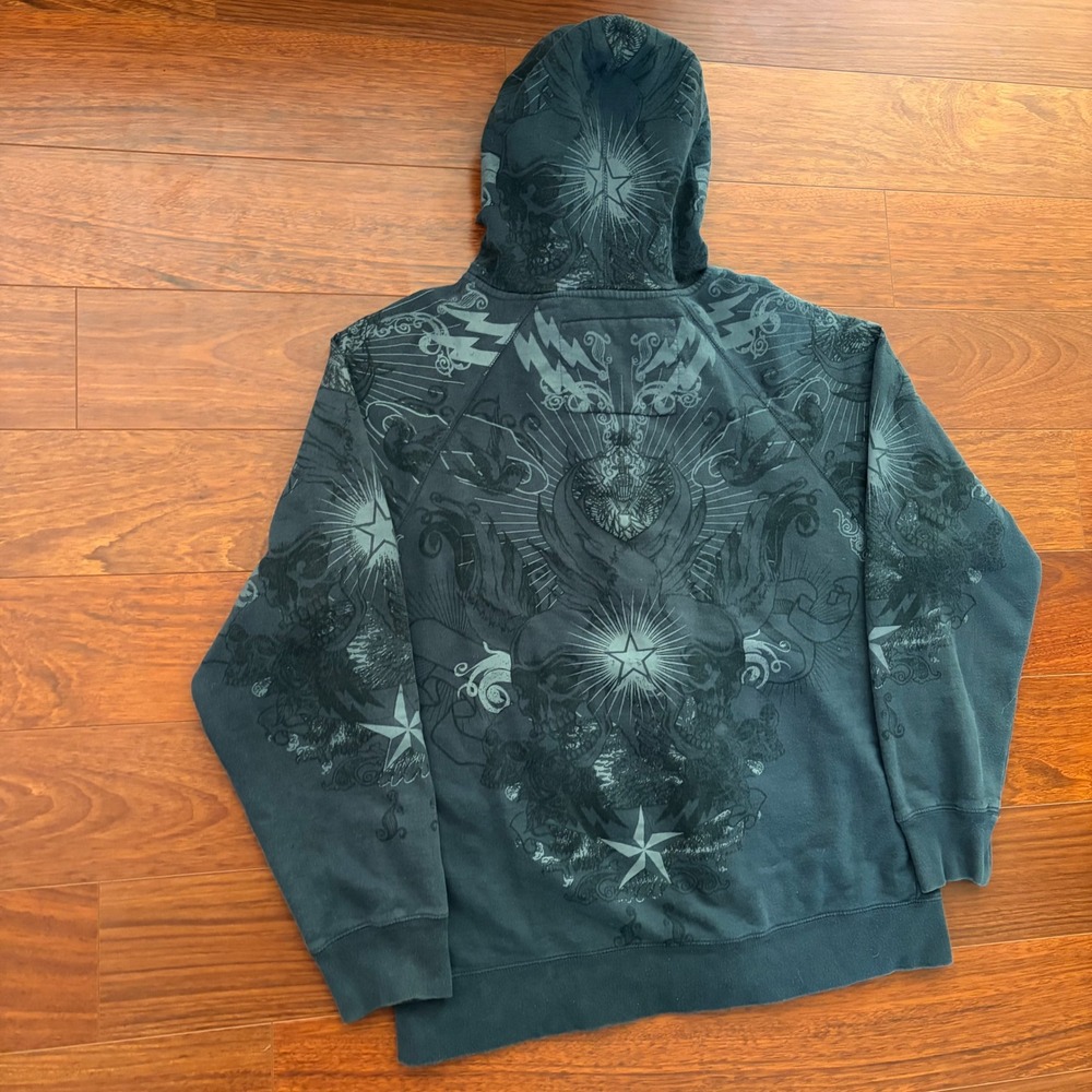 Affliction Style Y2K Cyber Sigilkore Skull Graphic Zip Up Hoodie Black XL